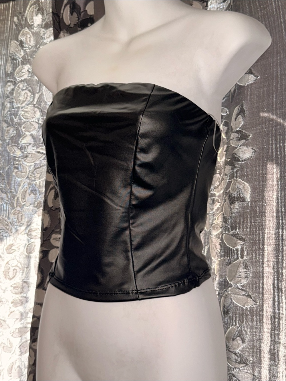 Faux Leather Strapless Corset Top - Black